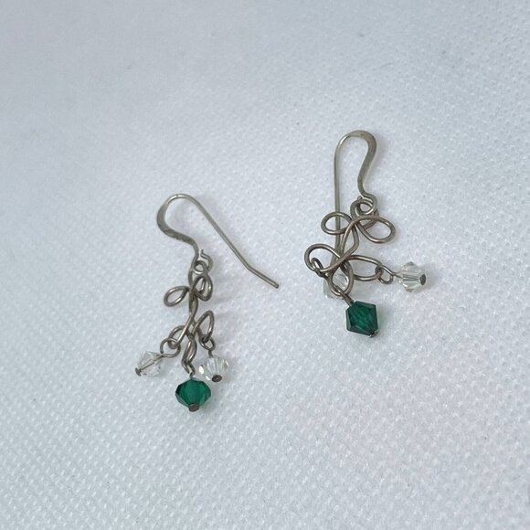 925 Sterling Silver White Green Crystal Wire Dangle Drop Earrings Hook Closure - Picture 3 of 4